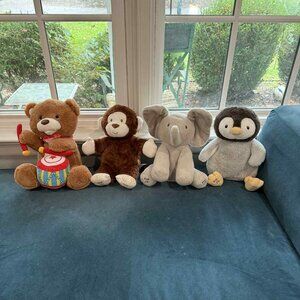 GUND Plush Bundle – Flappy Elephant, Clappy Monkey, Kissy Penguin, Drum Bear